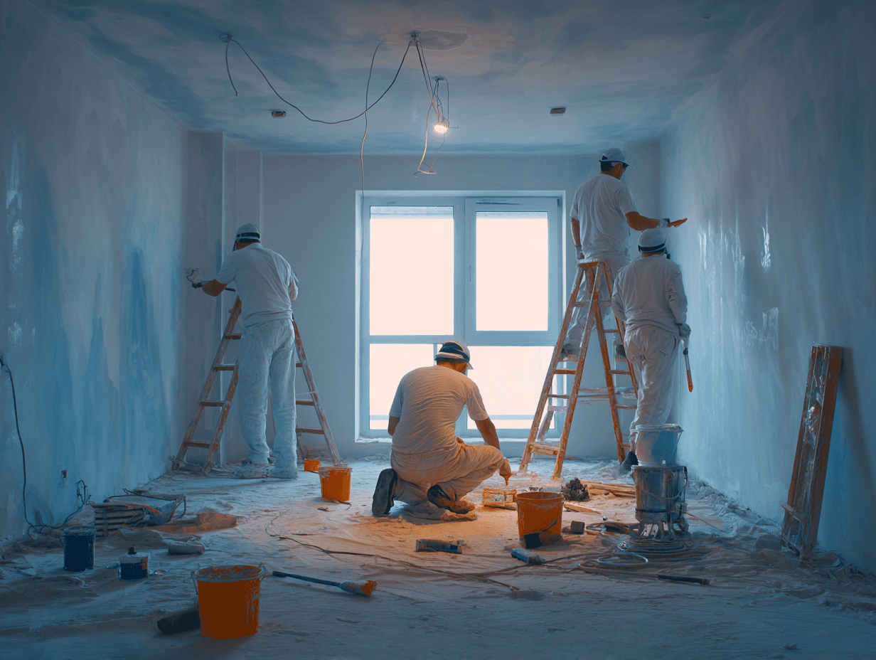 Multi-trade repair team finishing defects before handover in a Singapore apartment