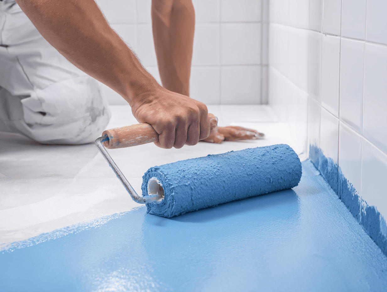 Renovated bathroom with new waterproofing, tiles, and sanitary fittings