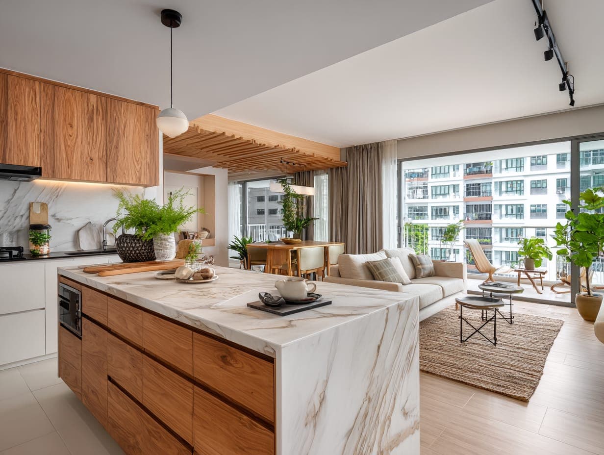 Completed HDB flat renovation with a bright open-plan interior