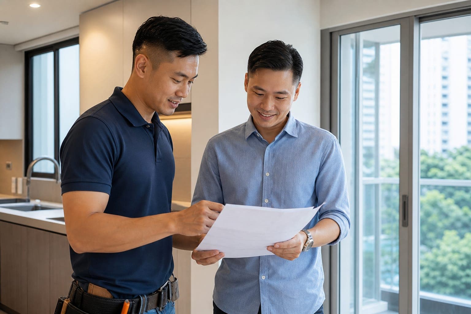 Contractor and homeowner reviewing renovation warranty documents at handover in Singapore