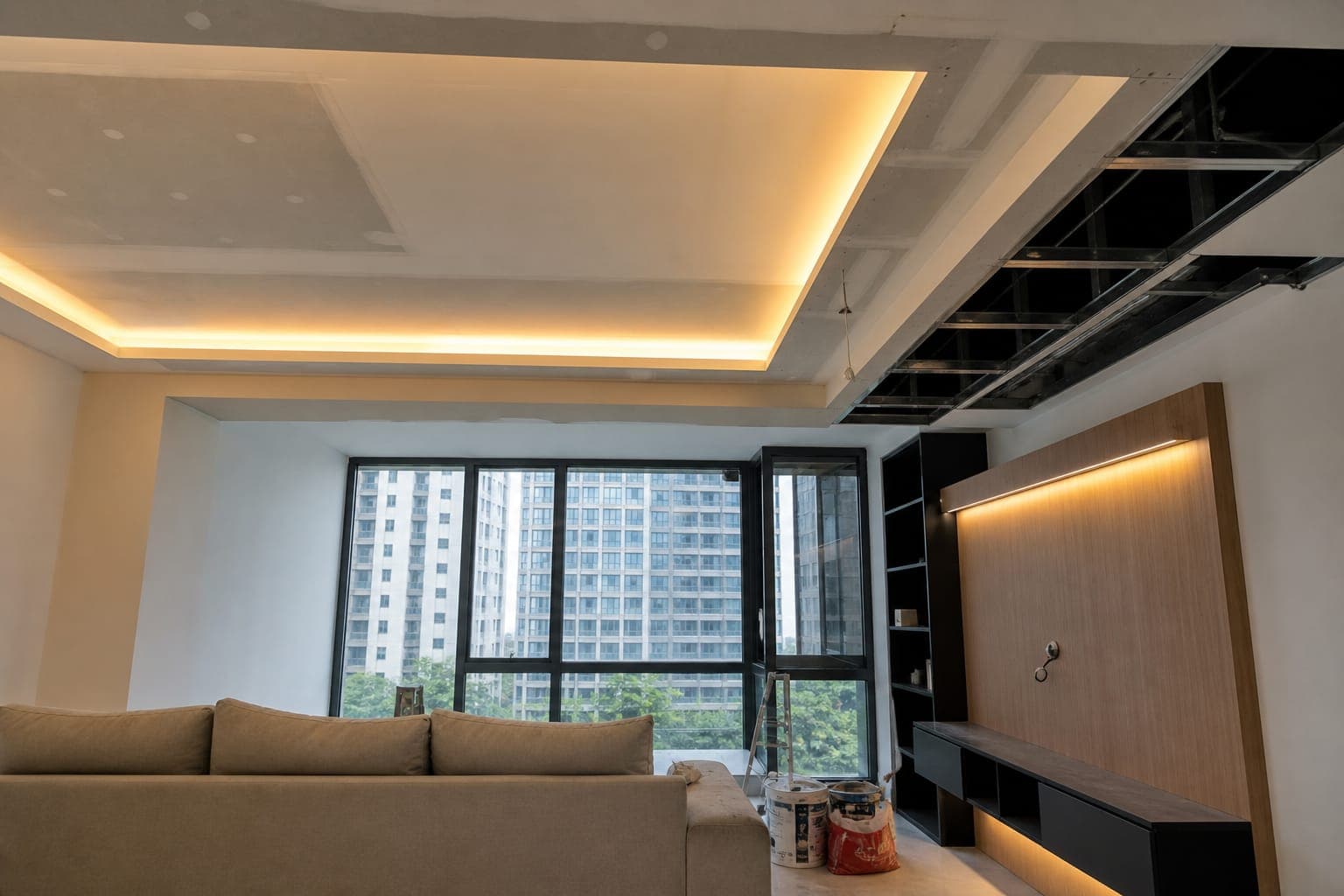 False ceiling installation with cove lighting in a Singapore home