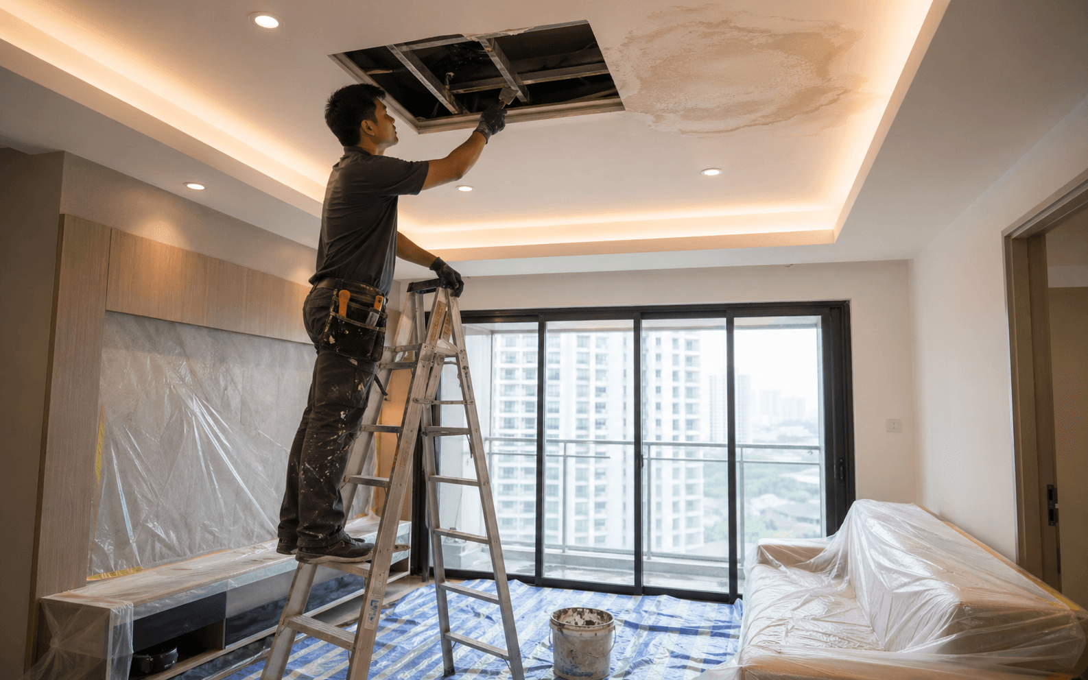 Ceiling repair after leakage in a Singapore apartment