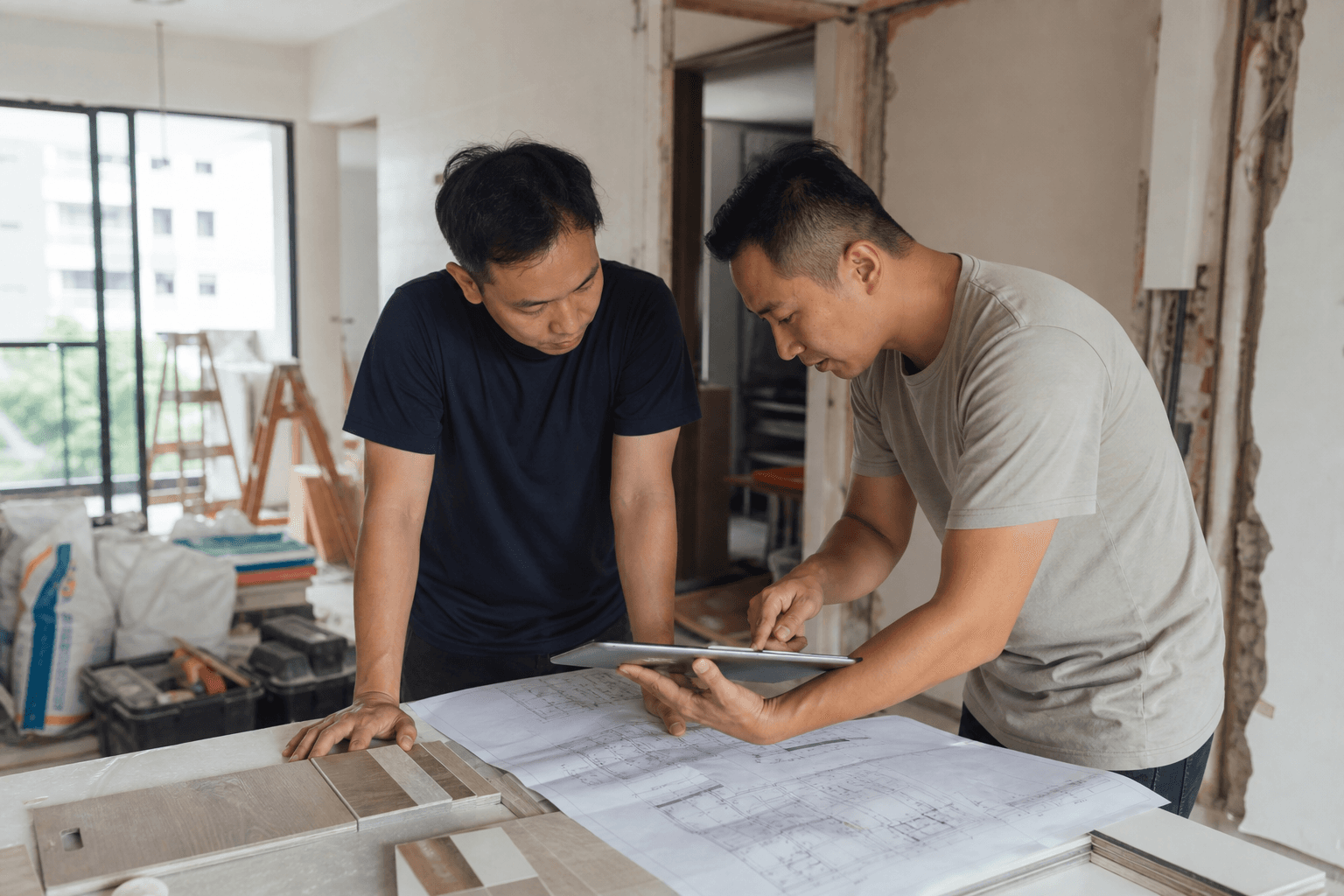 Homeowner reviewing renovation plans with a contractor in Singapore