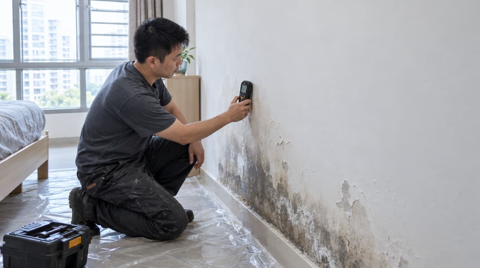 Tradesman holding a moisture meter against a damp, peeling HDB bedroom wall with water seepage stains above the skirting