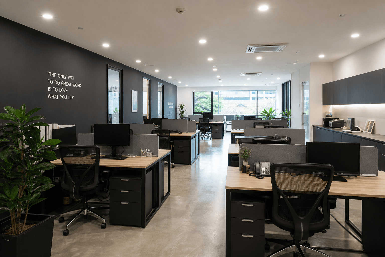 Open-plan SME office design with desk rows in Singapore