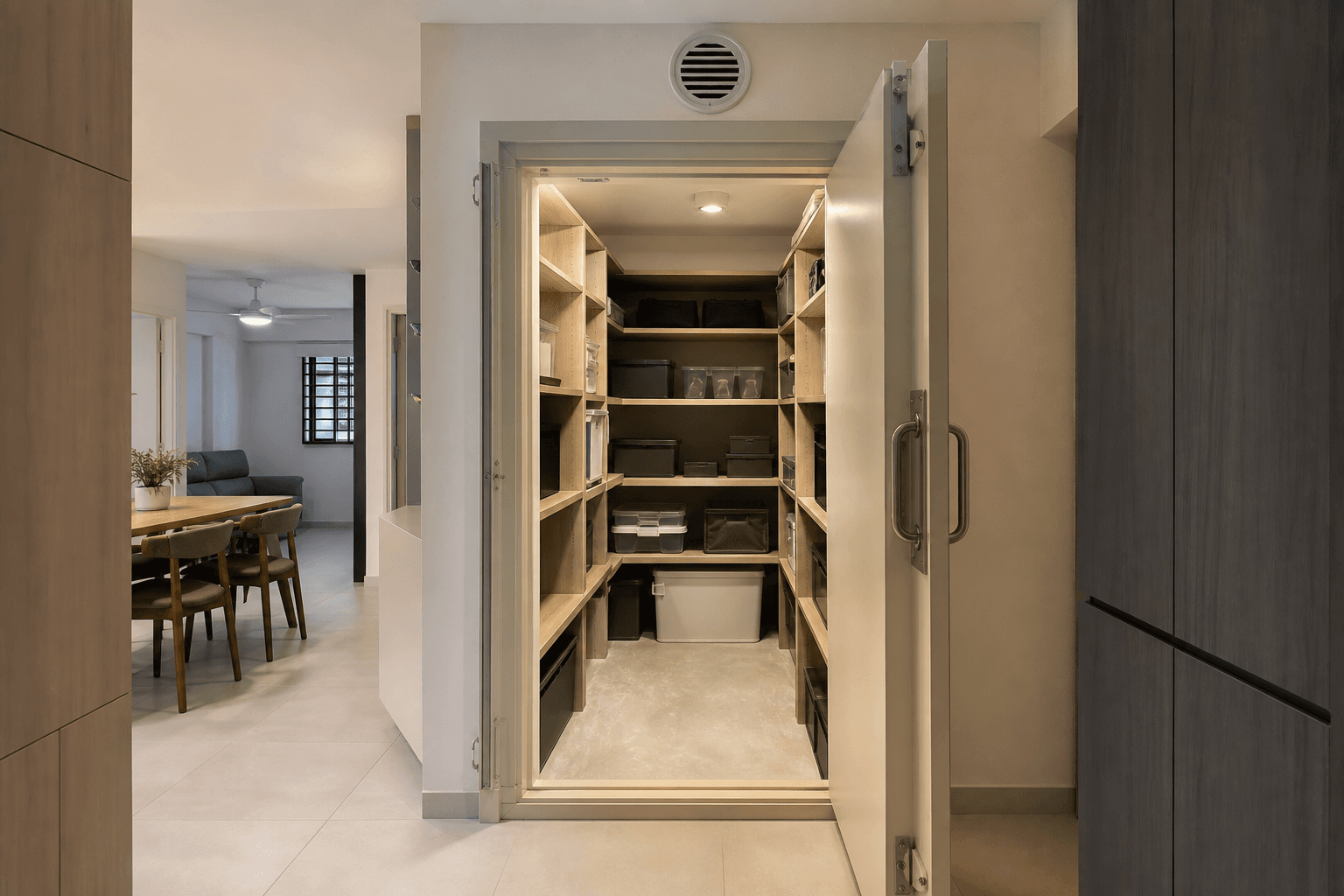 HDB bomb shelter converted to storage with shelving in Singapore flat