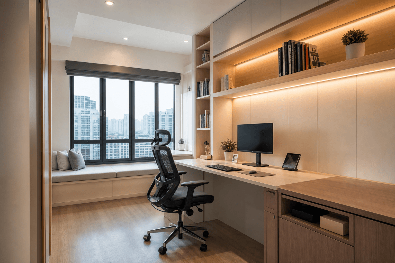 Modern home office renovation with built-in desk in a Singapore flat