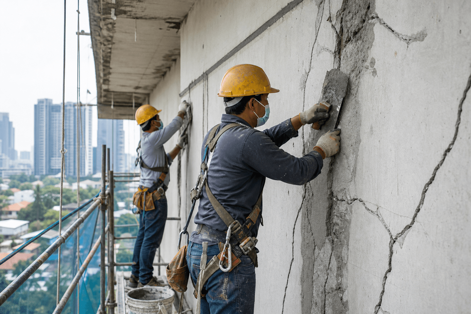 Contractors performing urgent structural rectification on a cracked concrete wall in Singapore