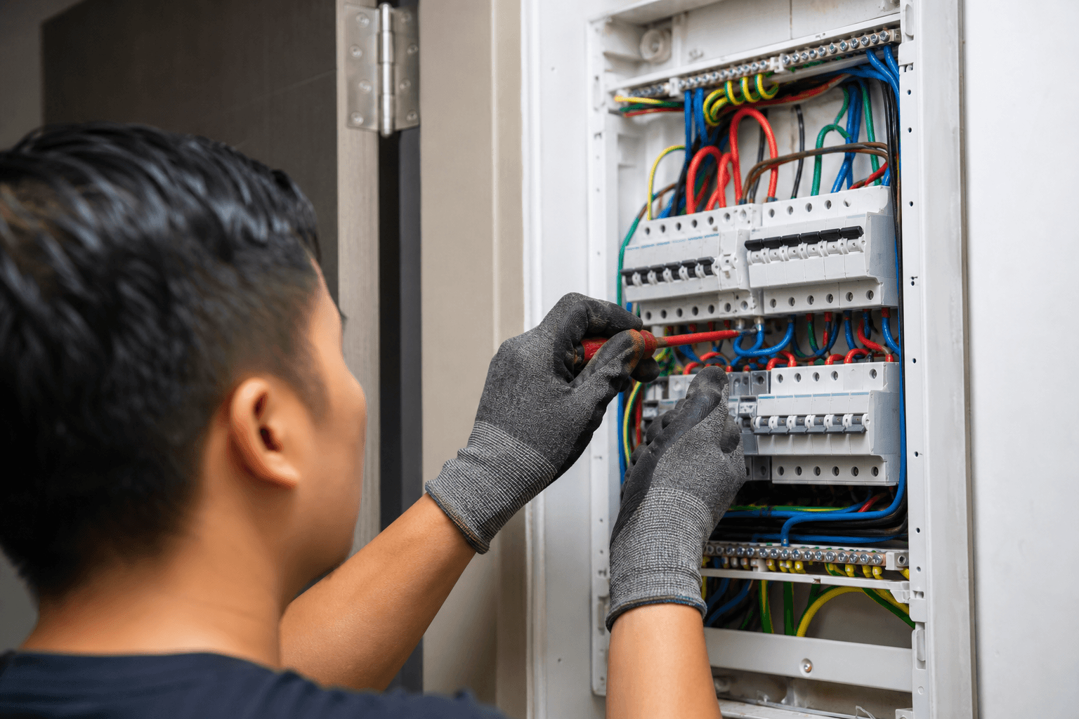 Electrical rewiring and distribution board work in a Singapore home