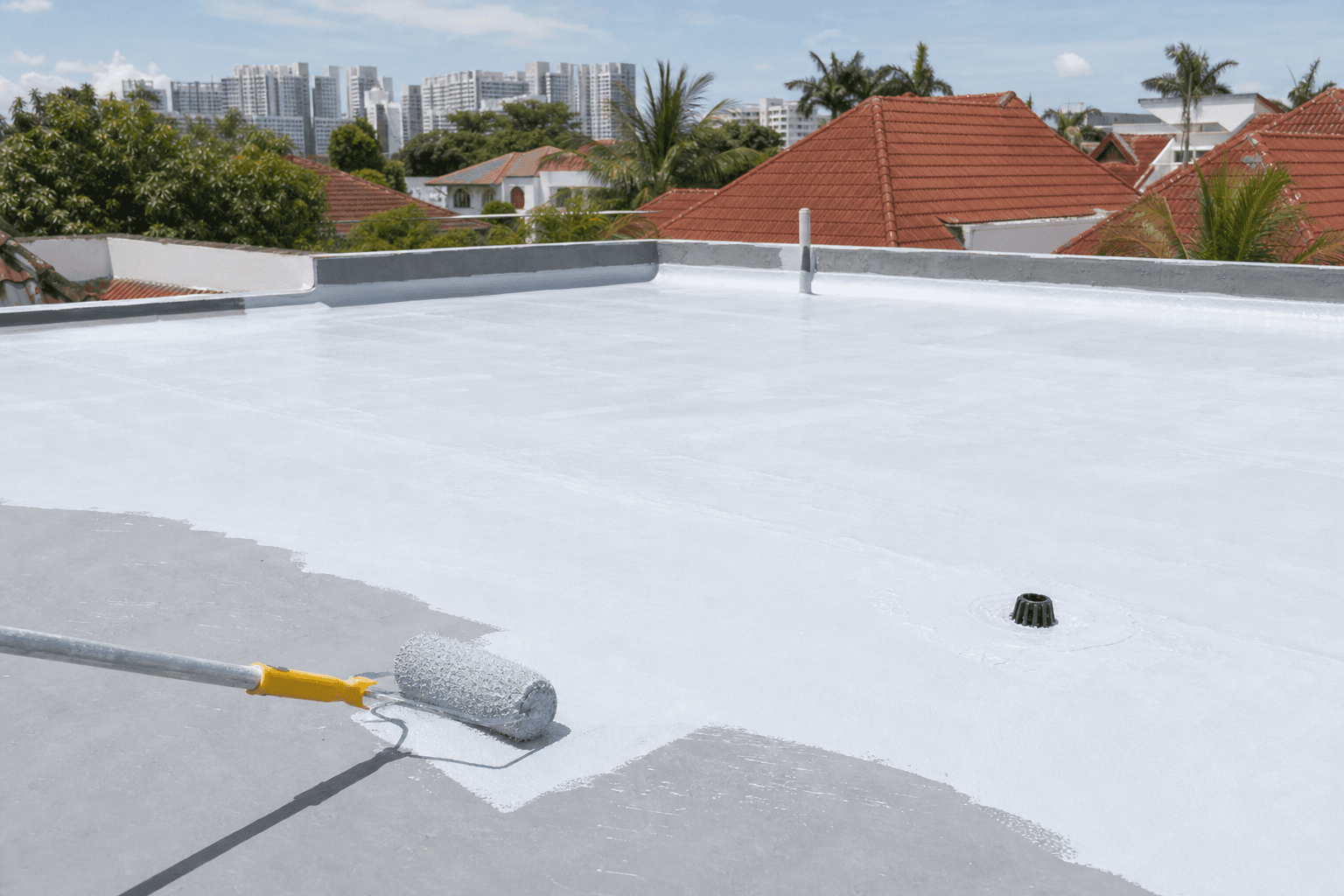Roof waterproofing coating being applied on a Singapore landed house