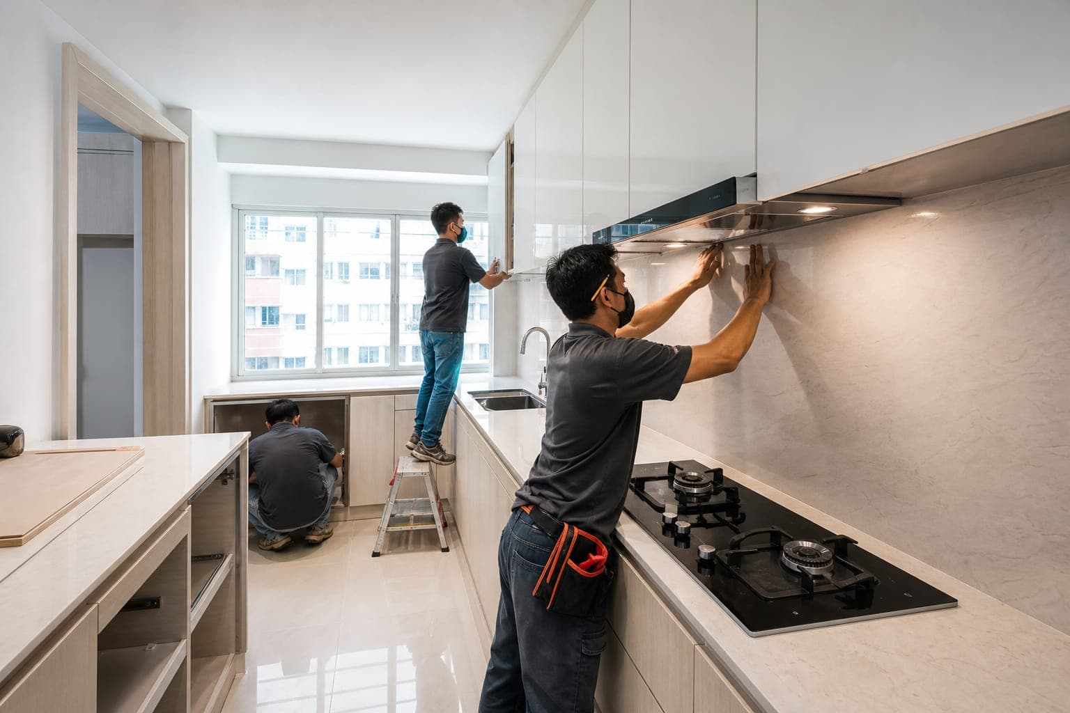 HDB kitchen renovation with new cabinets and countertop in Singapore