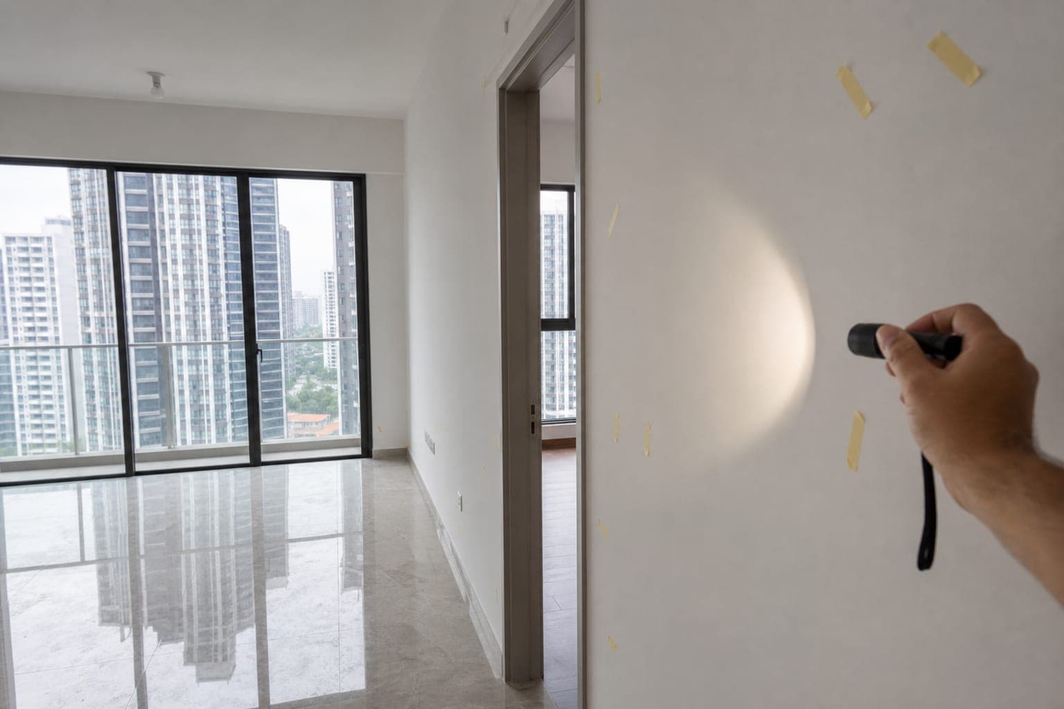 Homeowner inspecting defects during a Singapore property handover