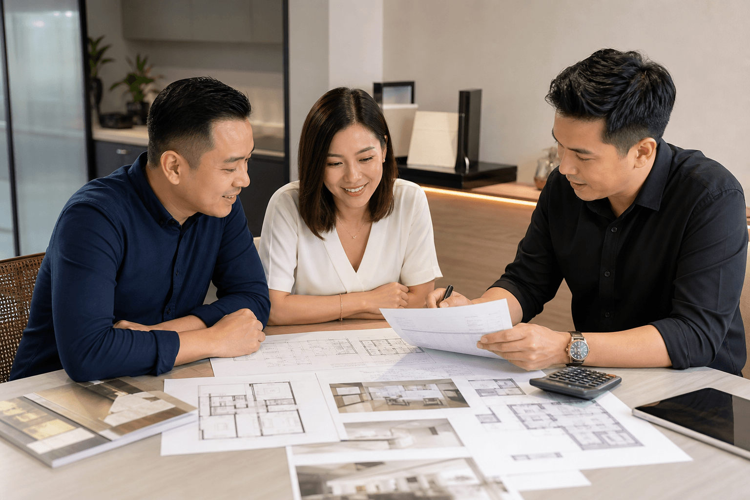 Renovation quotation documents and floor plans reviewed with a contractor in Singapore