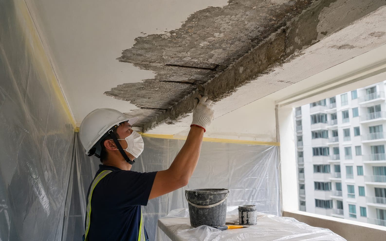 Worker in a hard hat and mask brushing treatment onto exposed steel bars in a hacked-back spalled concrete ceiling beam