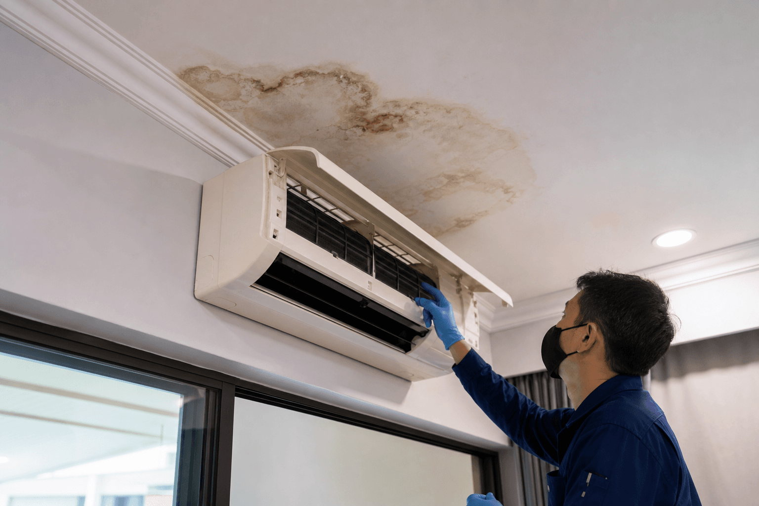 Technician inspecting air conditioner water leak causing ceiling stain in Singapore home