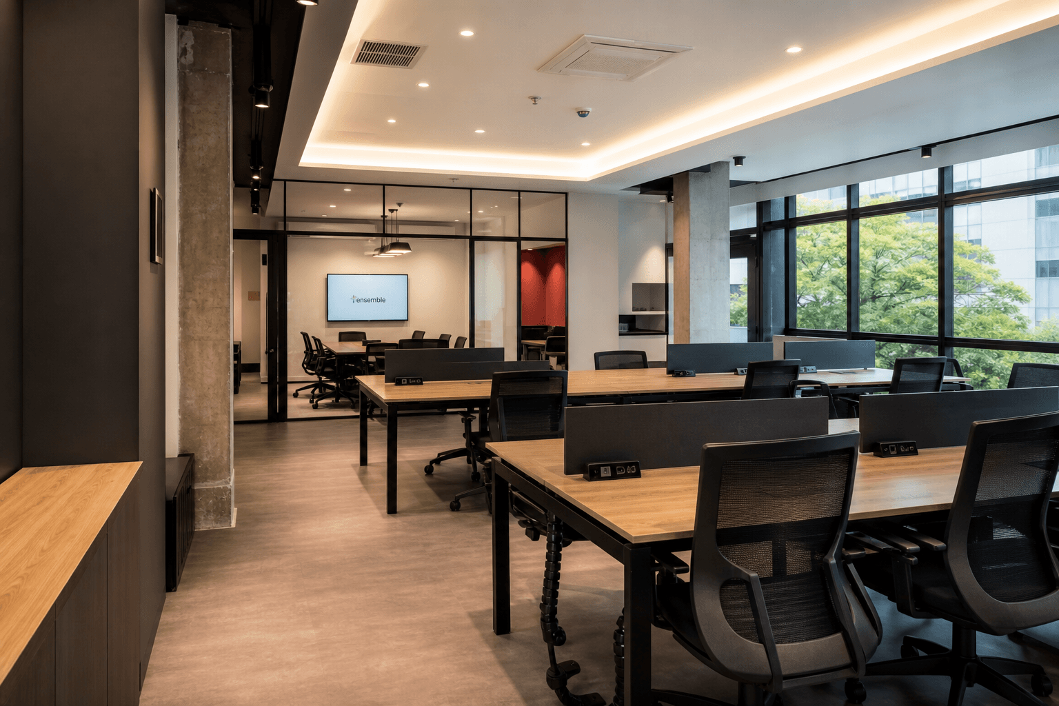 Completed SME office fit-out with desks and meeting room in Singapore