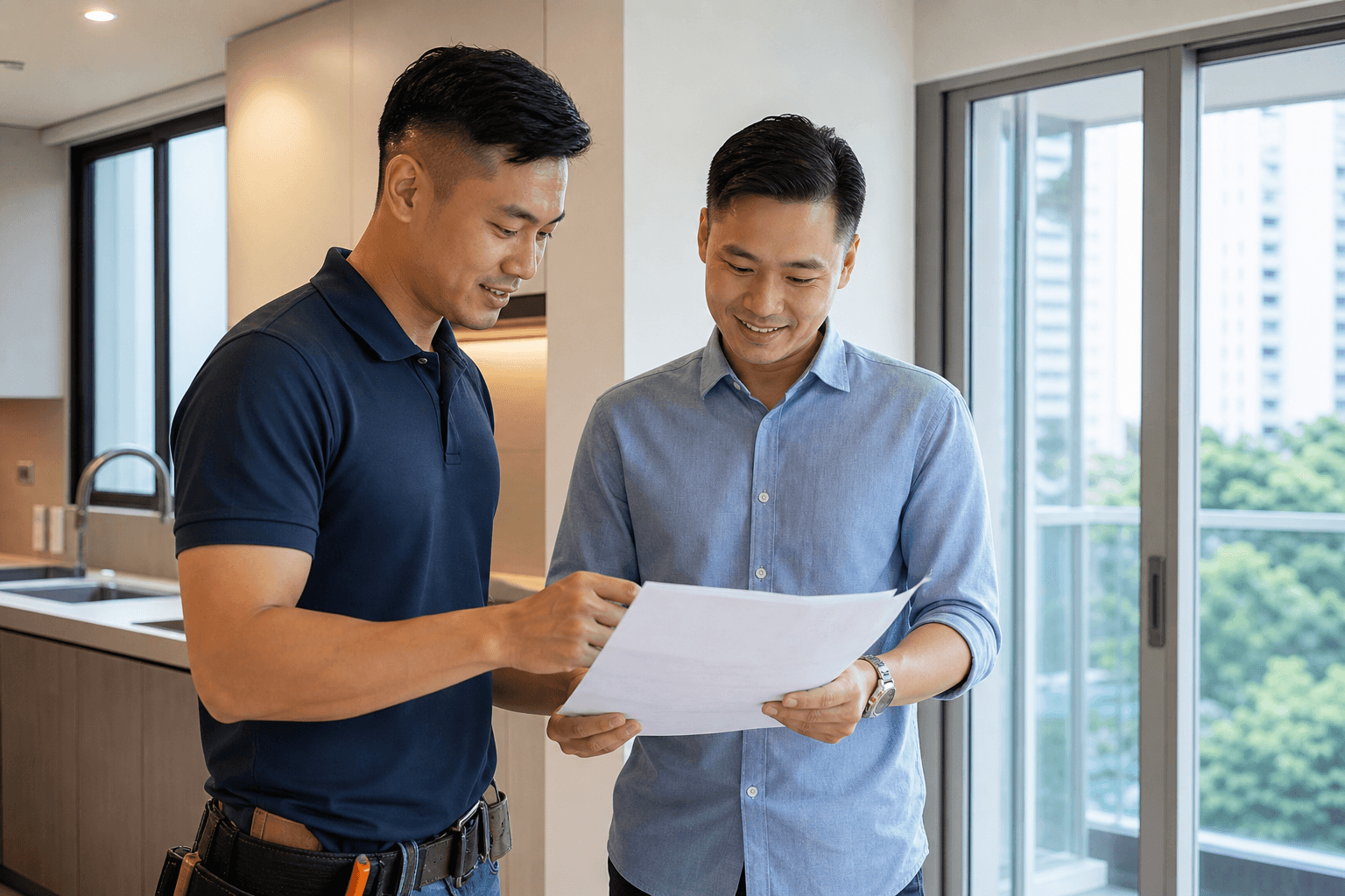 Contractor and homeowner reviewing renovation warranty documents at handover in Singapore