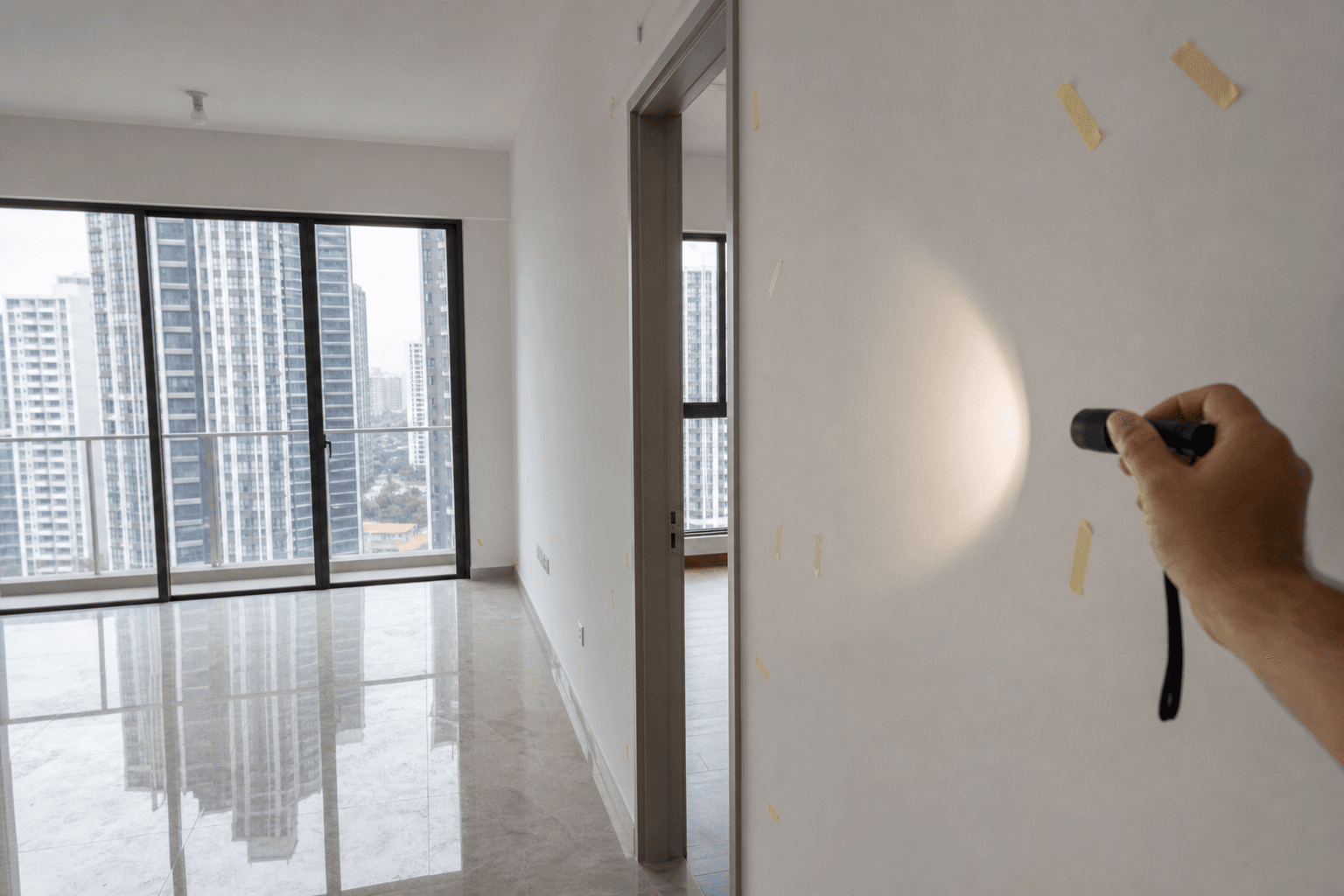 Homeowner inspecting defects during a Singapore property handover