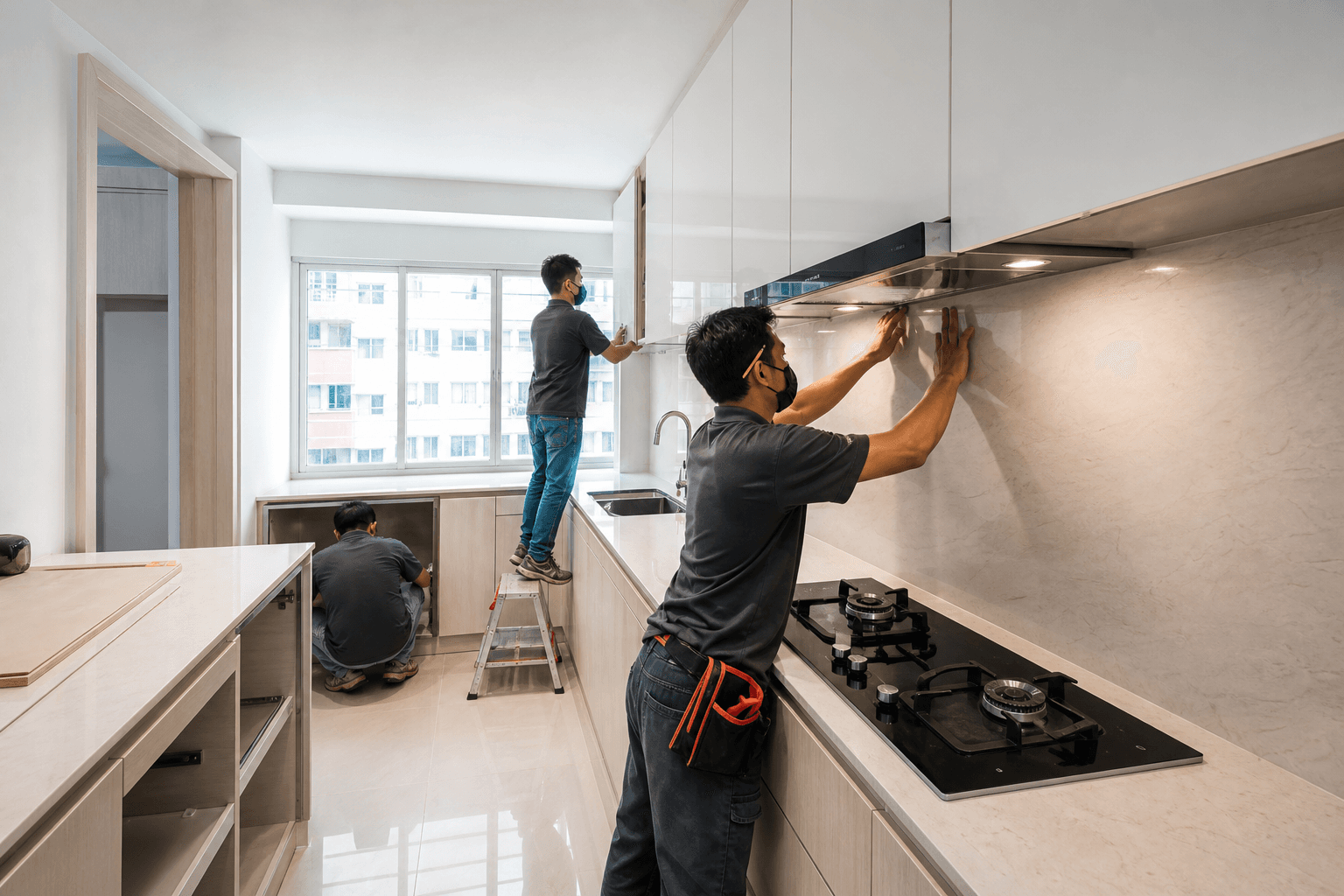 HDB kitchen renovation with new cabinets and countertop in Singapore