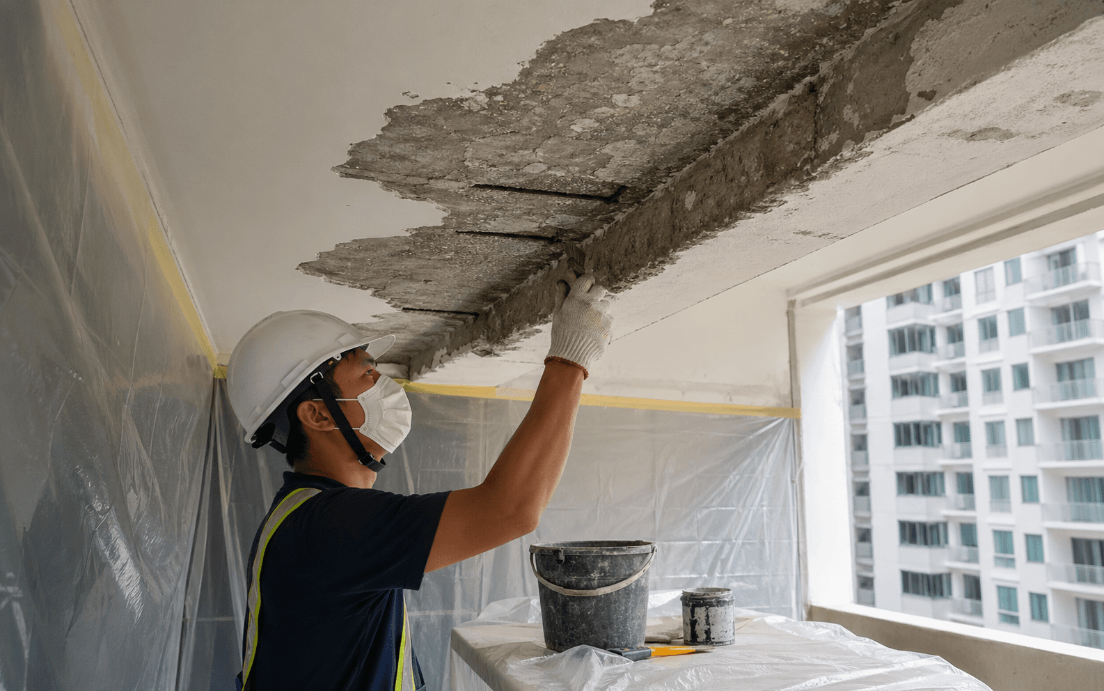 Concrete spalling repair with exposed reinforcement treatment