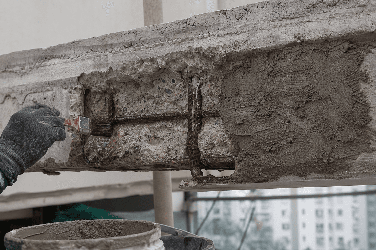 Structural rectification works on a concrete beam in Singapore