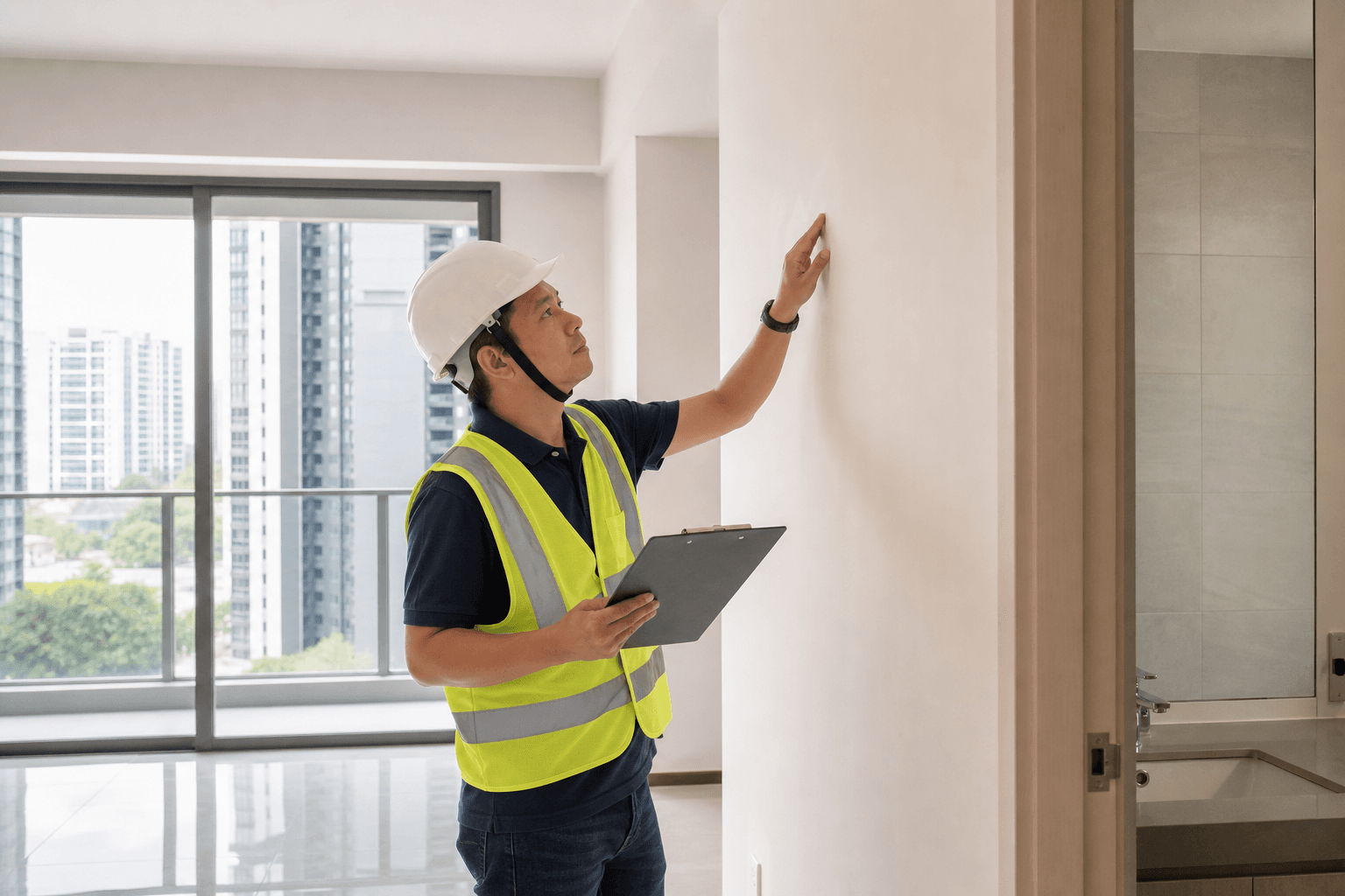 Contractor repairing pre-handover defects in a Singapore apartment