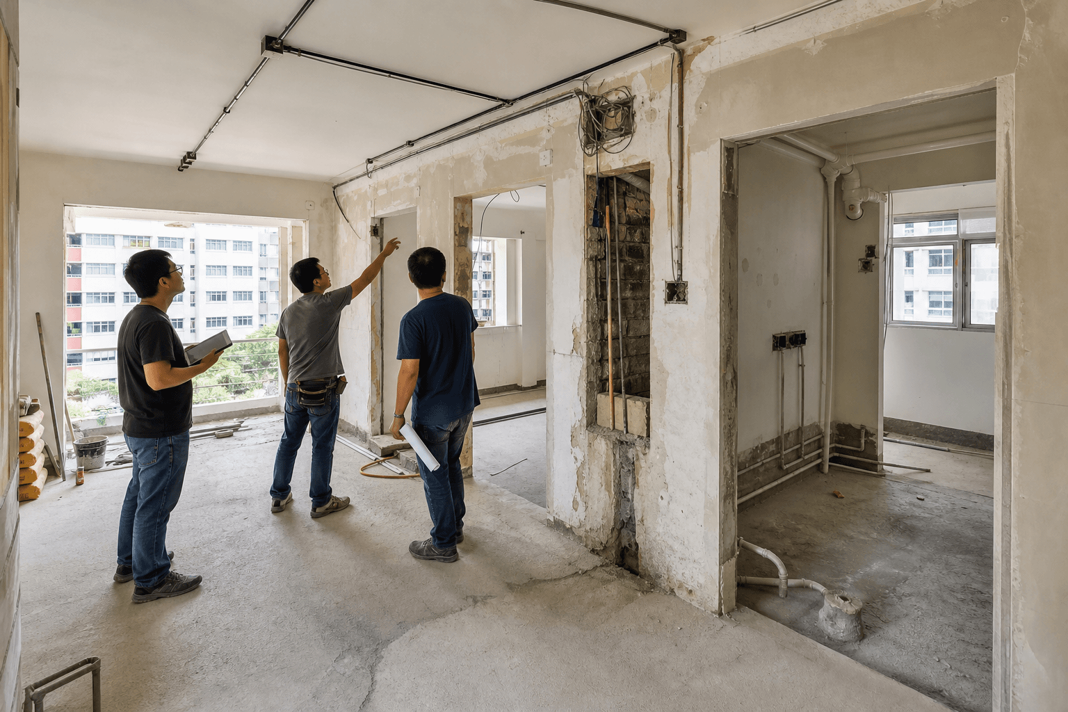 Contractor inspecting walls during a resale HDB flat renovation in Singapore