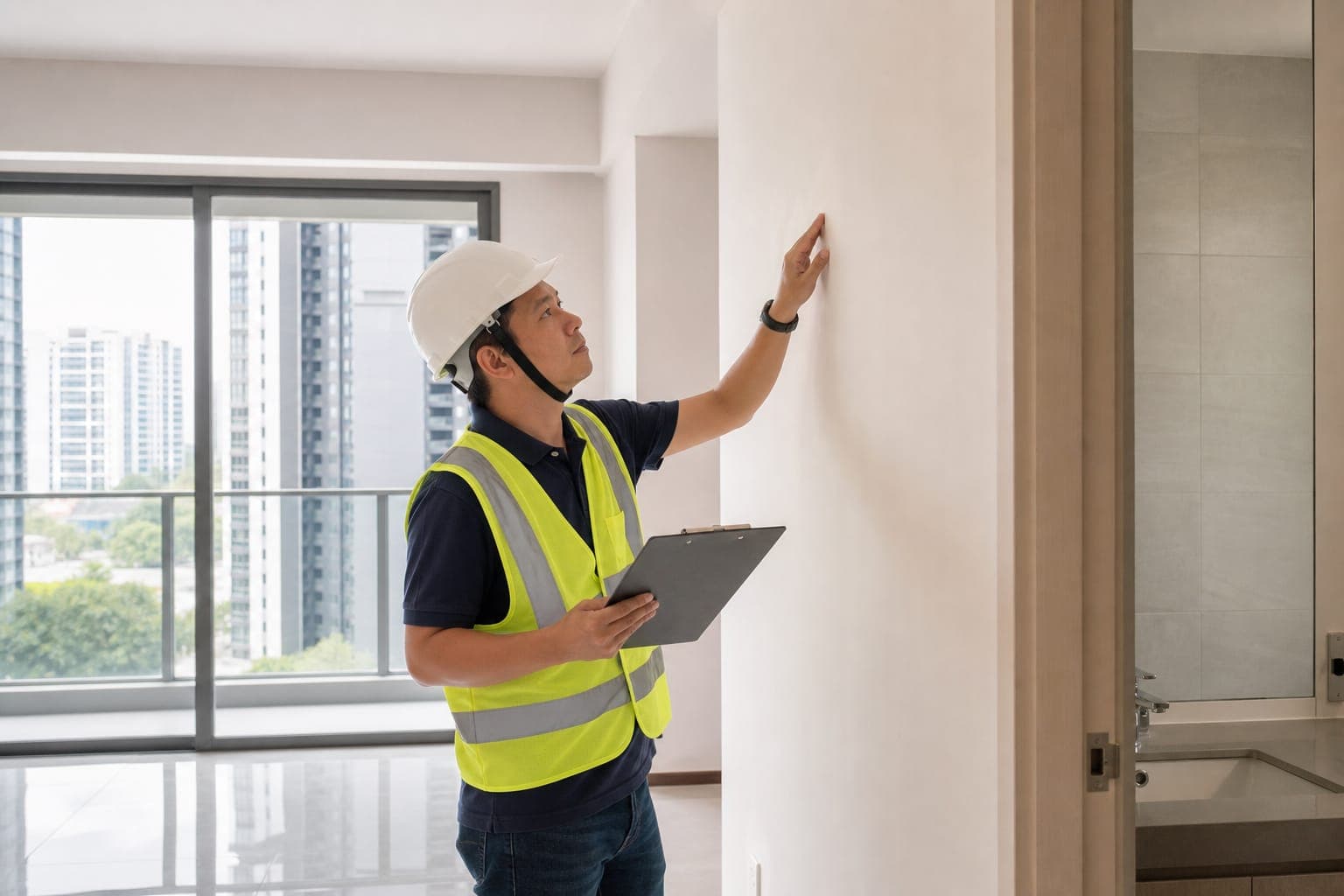Contractor repairing pre-handover defects in a Singapore apartment