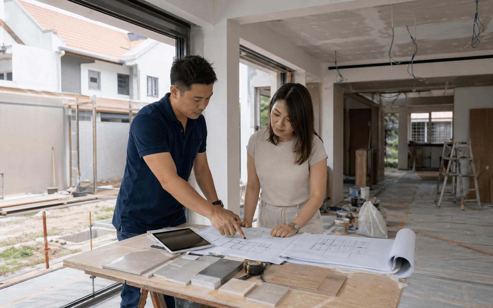 Contractor reviewing landed house renovation plans