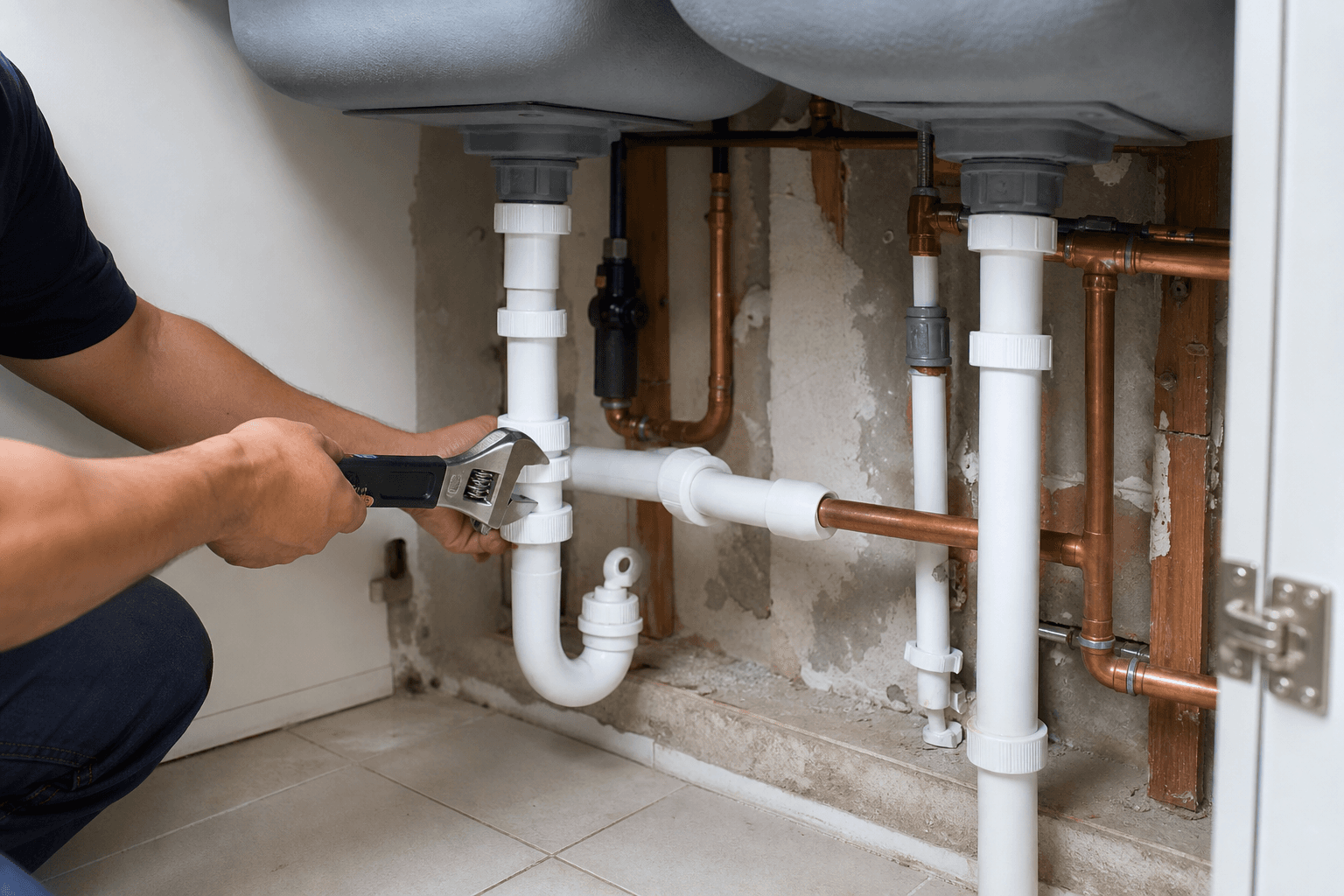 Plumbing pipe replacement work in a Singapore home