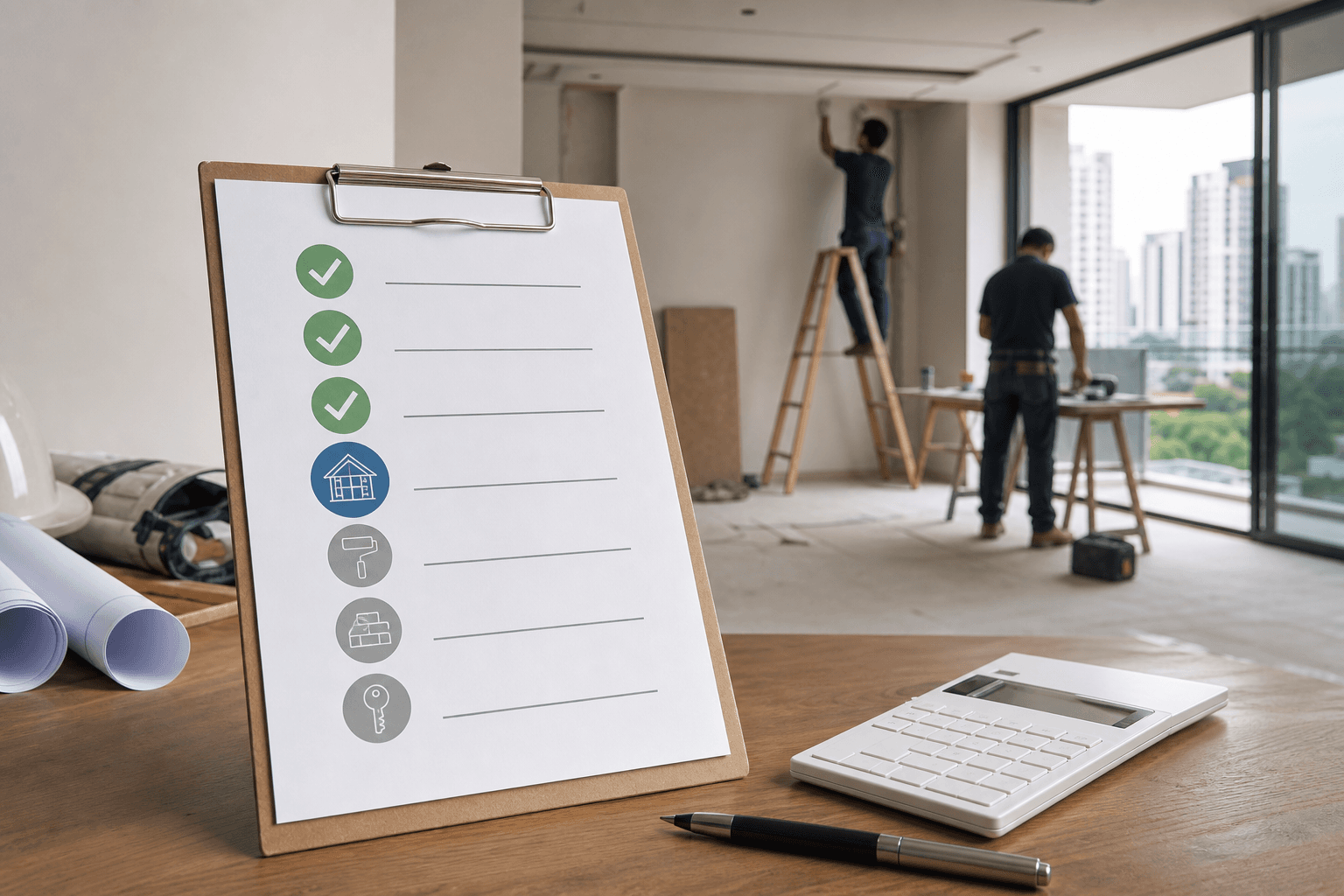 Renovation payment milestone checklist on a clipboard at a Singapore construction site
