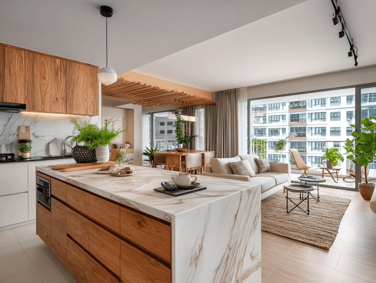 Full home renovation in Singapore — open-plan living and kitchen with contemporary finishes